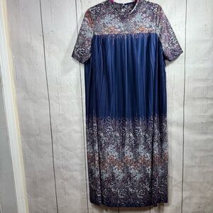 Vintage Silver Star Blue Floral Pleated Maxi Dress Cottagecore Boho Granny 16